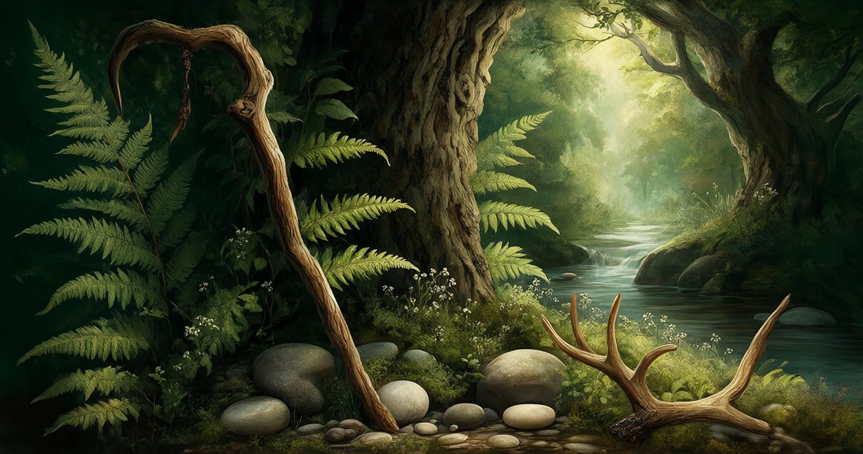 A carved walking staff, ferns, river stones and white flowers surround an old woodland oak.